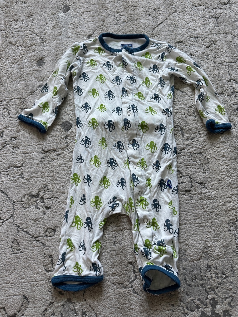 Soft Octopus Print White One-Piece Pajamas with Blue Trim